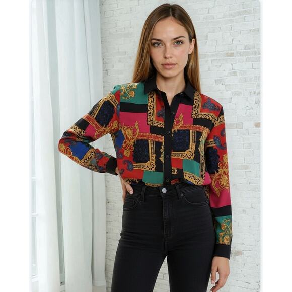 Alfred Dunner Semi Sheer Leafy Top Womens Sz 14 Red Black Long Sleeves Poly - Picture 1 of 15